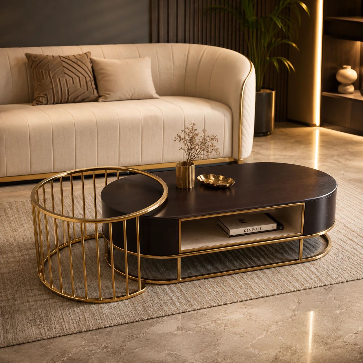 Premium luxury interior living space — bespoke metal and wood design, Design n Slay Indore